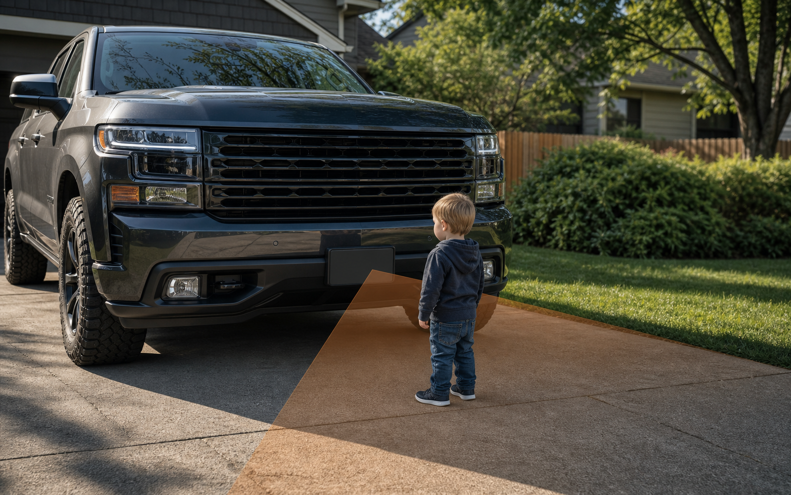 Large SUV front blind spot near a pedestrian child in a driveway