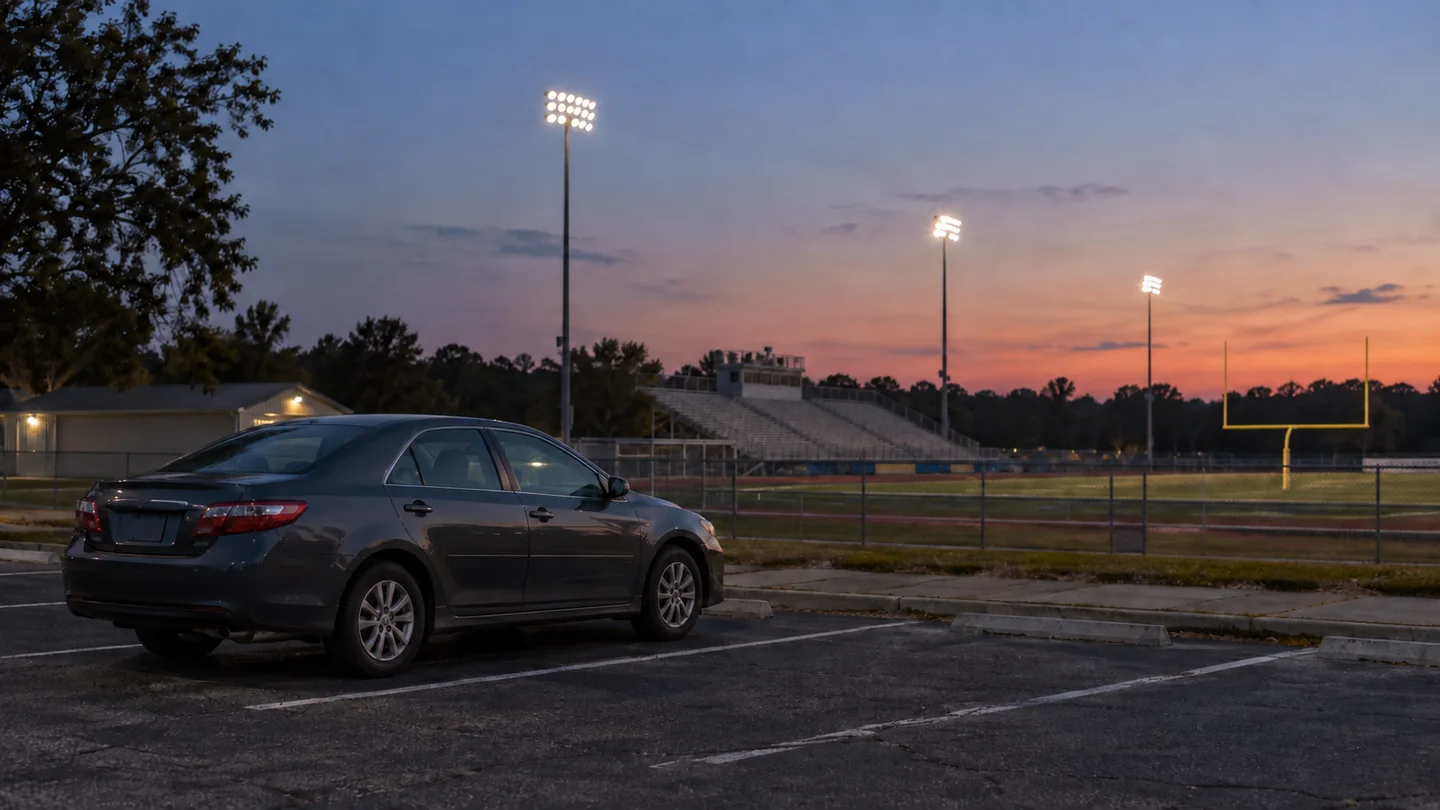 A parked car beside a football stadium at dusk, with field lights in the distance.