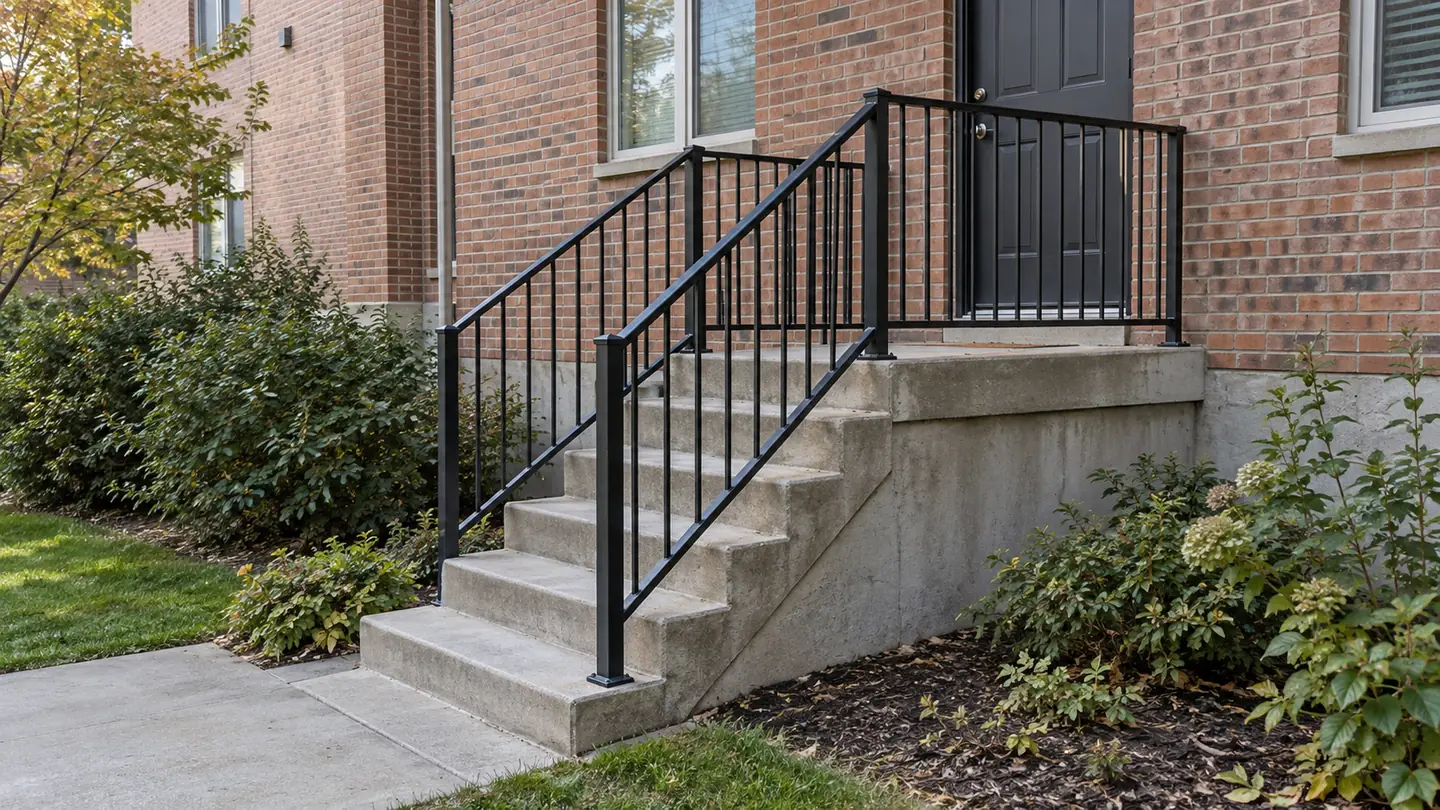 Illustrative apartment stairway with a handrail and landing.