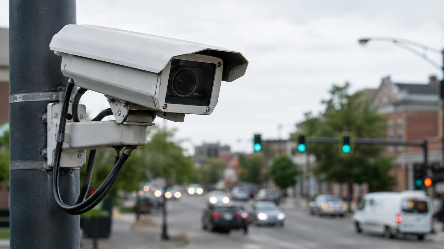 A pole-mounted roadside camera with a softly blurred roadway beyond.