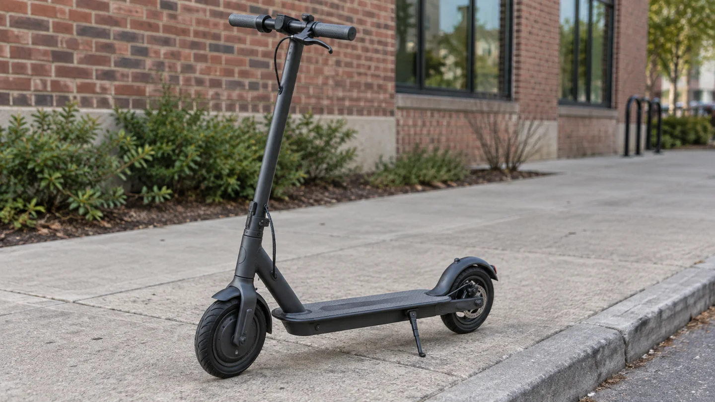 A parked electric scooter beside a curb, showing its deck, wheels and surrounding pavement.