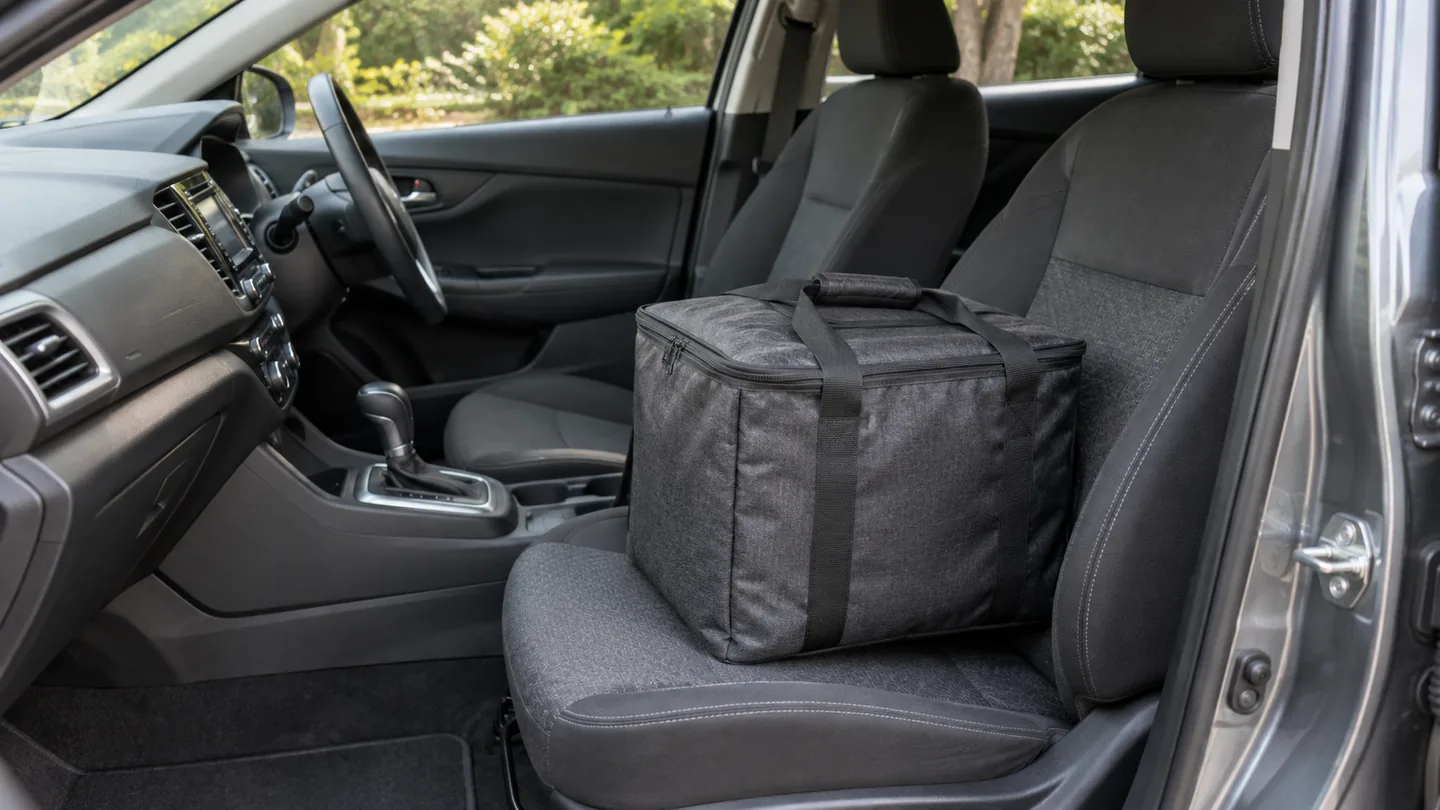 Illustrative delivery bag inside a parked car.