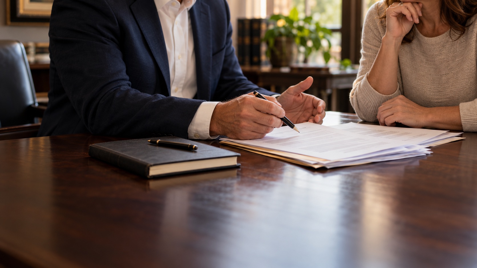 Illustrative consultation with an attorney and client reviewing claim paperwork at a wooden desk.